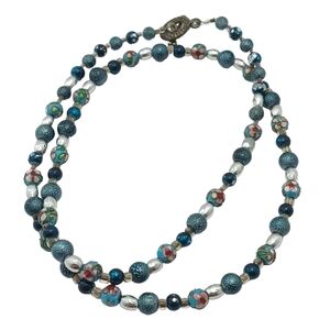 Womens Beaded Necklace Floral Teal Metal Glass Pink 14" Long Jewelry